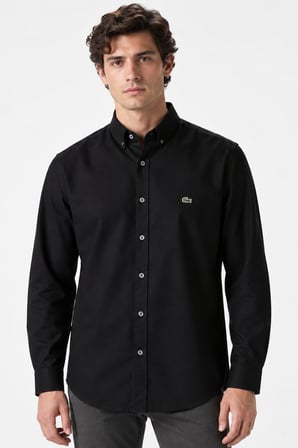 Lacoste Mens Slim Fit Black Shirt Dar Kesim Pamuklu Erkek Gömlek Siyah