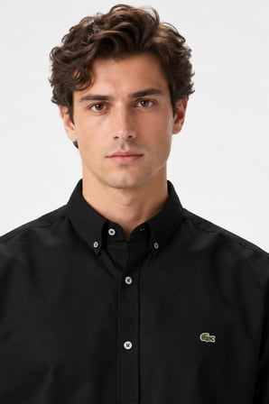 Lacoste Mens Slim Fit Black Shirt Dar Kesim Pamuklu Erkek Gömlek Siyah