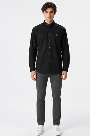 Lacoste Mens Slim Fit Black Shirt Dar Kesim Pamuklu Erkek Gömlek Siyah