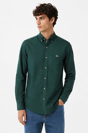 Lacoste Mens Slim Fit Green Shirt Dar Kesim Pamuklu Erkek Gömlek Yeşil