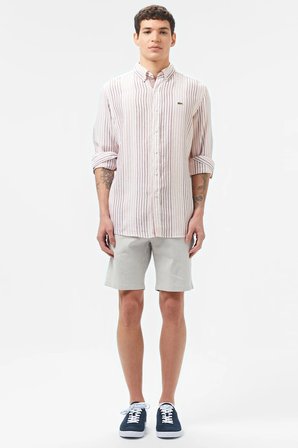 Lacoste Men's Regular Fit  Button-Down Collar Linen Shirt Erkek Düğmeli Yaka Keten Gömlek Kahverengi