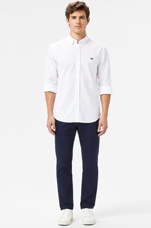 Lacoste Mens Slim Fit White Cotton Shirt Dar Kesim Organik Pamuk Erkek Gömlek Beyaz
