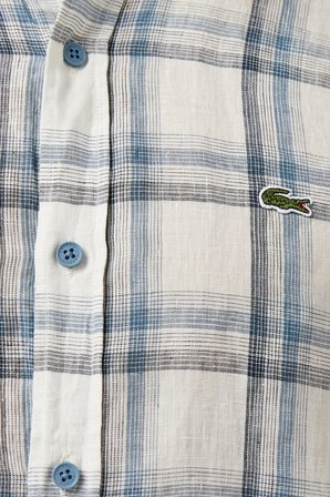 Lacoste Men's Regular Fit Dark Blue Linen Shirt Ekose Keten Erkek Gömlek Koyu Mavi