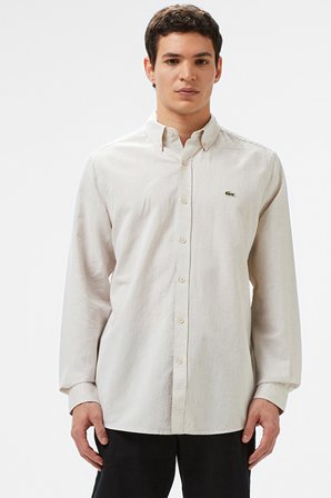 Lacoste Men's Regular Fit Button-Down Collar Linen Shirt Beige Erkek Düğmeli Yaka Keten Gömlek Bej