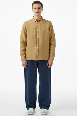 Lacoste Men's Regular Fit Button-Down Collar Linen Shirt Camel Erkek Düğmeli Yaka Keten Gömlek Camel