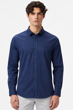 Lacoste Mens Slim Fit Navy Cotton Shirt Dar Kesim Erkek Gömlek Lacivert