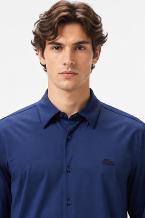 Lacoste Mens Slim Fit Navy Cotton Shirt Dar Kesim Erkek Gömlek Lacivert