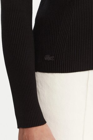 Lacoste Tight Fit High Neck 3D Ribbed Knit Sweater Kadın Dar Kesim Yarım Fermuar Tam Boy Fitilli Kazak Siyah