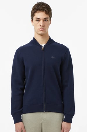 Lacoste Erkek Classic Fit Fermuarlı Kolej Yaka Pamuklu Yünlü Kalın Hırka Lacivert