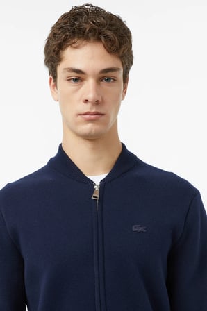 Lacoste Erkek Classic Fit Fermuarlı Kolej Yaka Pamuklu Yünlü Kalın Hırka Lacivert