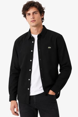 Lacoste Mens Slim Fit Black Cotton Shirt Dar Kesim Organik Pamuklu Pike Erkek Gömlek Siyah