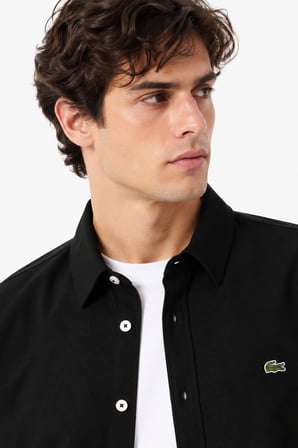 Lacoste Mens Slim Fit Black Cotton Shirt Dar Kesim Organik Pamuklu Pike Erkek Gömlek Siyah