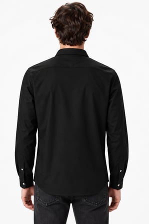 Lacoste Mens Slim Fit Black Cotton Shirt Dar Kesim Organik Pamuklu Pike Erkek Gömlek Siyah