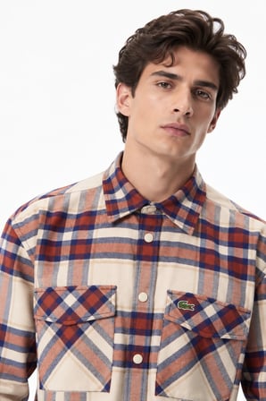 Lacoste Men's Relaxed Fit Button-Down Linen Shirt  Rahat Kesim Pamuklu Kareli Erkek Çıt Çıt Düğmeli Gömlek Turuncu-Krem