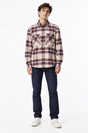 Lacoste Men's Relaxed Fit Button-Down Linen Shirt  Rahat Kesim Pamuklu Kareli Erkek Çıt Çıt Düğmeli Gömlek Turuncu-Krem