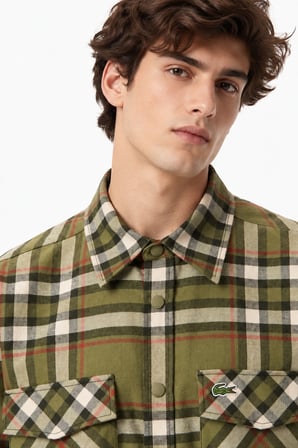 Lacoste Men's Relaxed Fit Button-Down Linen Shirt  Rahat Kesim Pamuklu Kareli Erkek Çıt Çıt Düğmeli Gömlek Yeşil