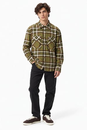 Lacoste Men's Relaxed Fit Button-Down Linen Shirt  Rahat Kesim Pamuklu Kareli Erkek Çıt Çıt Düğmeli Gömlek Yeşil