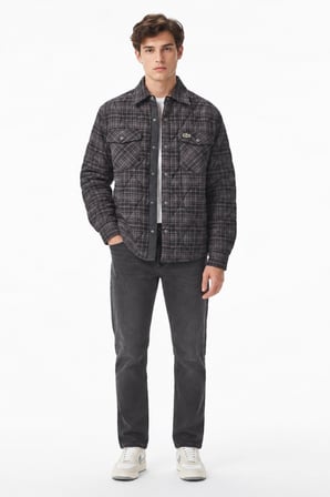 Lacoste Men's Relaxed Fit Button-Down Linen Shirt  Rahat Kesim Çıt Çıt Düğmeli Kareli Erkek Dış Gömlek Siyah