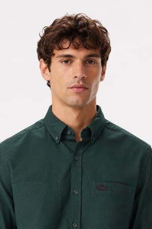 Lacoste Men's Regular Fit Button-Down Collar Linen Shirt Yellow Erkek Düğmeli Yaka Pamuklu Gömlek Yeşil
