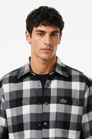 Lacoste Men's Loose Fit Button-Down Linen Shirt  Rahat Kesim Pamuklu Kareli Erkek Gömlek Gri