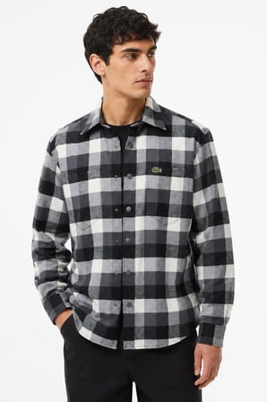 Lacoste Men's Loose Fit Button-Down Linen Shirt  Rahat Kesim Pamuklu Kareli Erkek Gömlek Gri
