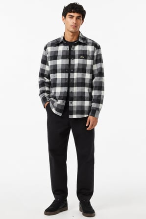 Lacoste Men's Loose Fit Button-Down Linen Shirt  Rahat Kesim Pamuklu Kareli Erkek Gömlek Gri