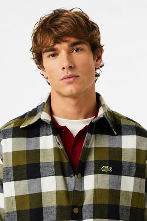 Lacoste Men's Relaxed Fit Button-Down Linen Shirt  Rahat Kesim Pamuklu Kareli Erkek Gömlek Haki