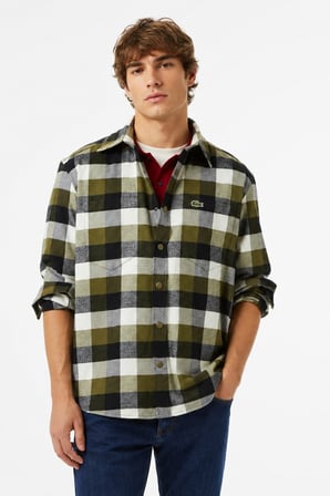 Lacoste Men's Relaxed Fit Button-Down Linen Shirt  Rahat Kesim Pamuklu Kareli Erkek Gömlek Haki