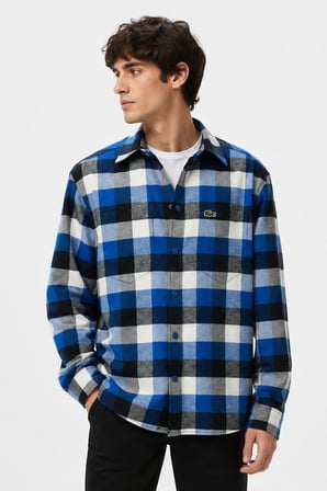 Lacoste Men's Loose Fit Button-Down Linen Shirt  Rahat Kesim Pamuklu Kareli Erkek Gömlek Mavi