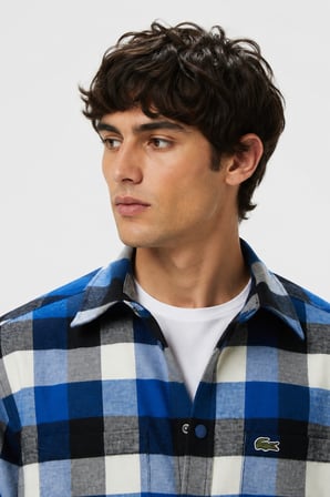 Lacoste Men's Loose Fit Button-Down Linen Shirt  Rahat Kesim Pamuklu Kareli Erkek Gömlek Mavi