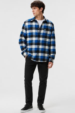 Lacoste Men's Loose Fit Button-Down Linen Shirt  Rahat Kesim Pamuklu Kareli Erkek Gömlek Mavi