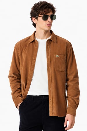 Lacoste Men's Regular Fit Button-Down Cotton Shirt Erkek Düğmeli Yaka Pamuklu Kadife Gömlek Sütlü Kahverengi