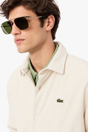 Lacoste Men's Relaxed Fit Button-Down Linen Shirt  Rahat Kesim Kadife Erkek Dış Gömlek Krem