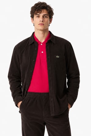 Lacoste Men's Regular Fit Button-Down Cotton Shirt Erkek Düğmeli Yaka Pamuklu Kadife Gömlek Kahverengi