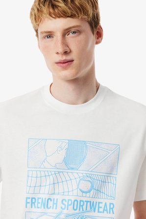 Lacoste Men's Tennis Print Classic Fit Cotton Tee Bisiklet Yaka Grafik Baskılı Erkek Tişört Beyaz
