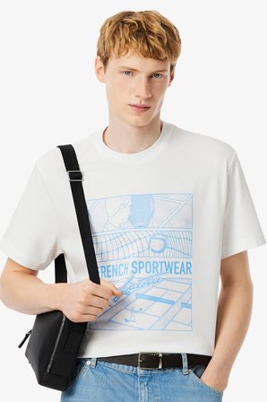 Lacoste Men's Tennis Print Classic Fit Cotton Tee Bisiklet Yaka Grafik Baskılı Erkek Tişört Beyaz
