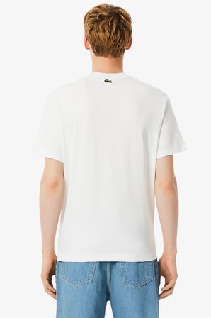 Lacoste Men's Tennis Print Classic Fit Cotton Tee Bisiklet Yaka Grafik Baskılı Erkek Tişört Beyaz
