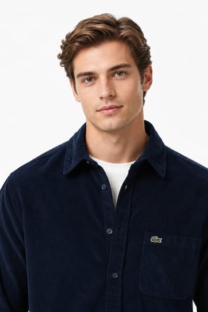 Lacoste Men's Regular Fit Button-Down Cotton Shirt Erkek Düğmeli Yaka Pamuklu Kadife Gömlek Lacivert