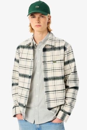 Lacoste Men's Relaxed Fit Plaid Shirt  Rahat Kesim Ekose Erkek Dış Gömlek Krem Yeşil