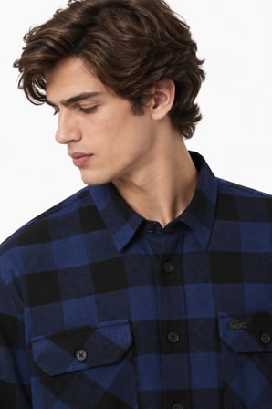 Lacoste Men's Relaxed Fit Button-Down Linen Shirt  Rahat Kesim Pamuklu Kareli Erkek Gömlek Lacivert