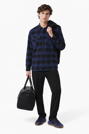 Lacoste Men's Relaxed Fit Button-Down Linen Shirt  Rahat Kesim Pamuklu Kareli Erkek Gömlek Lacivert