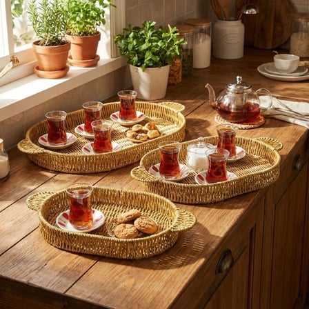 Roichil® İç İçe Geçebilen 3’lü Oval Plastik Rattan Tepsi Seti–Hasır Görünümlü Çok Amaçlı Servis ve Sunum Tepsileri