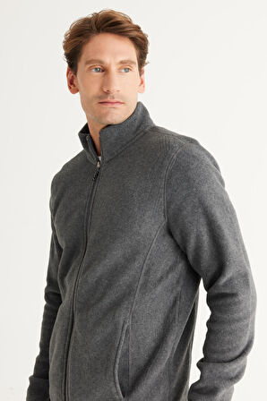 Erkek Antrasit-Melanj Anti-Pilling Tüylenme Yapmayan Standart Fit Bato Yaka Sweatshirt Polar Ceket