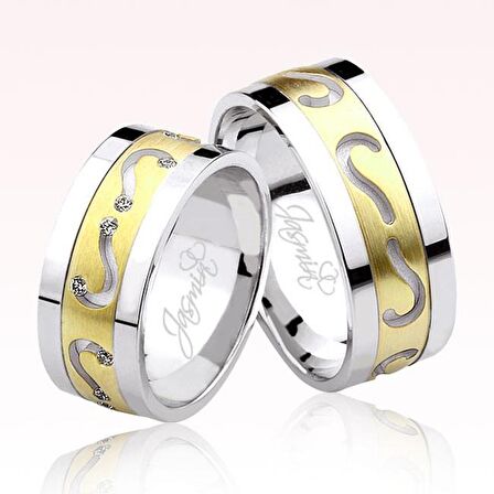 Sarı Beyaz Desenli Altın Alyans 0805-1