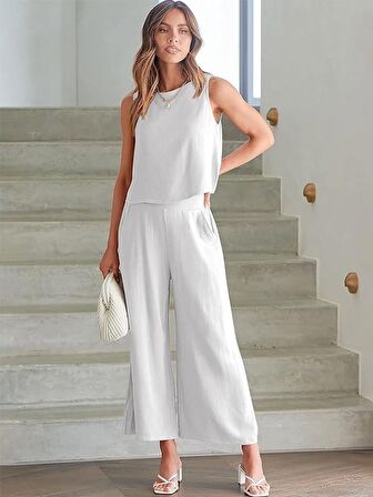 Barbora Keten Yazlık Yüksel Bel Capri Pantolon Sırt Detaylı Kolsuz İkili Takım Ln26ekru1