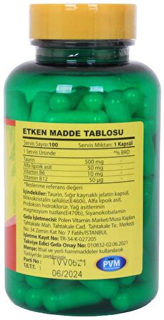 Vitapol Taurin 500 Mg Taurine 100 Kapsül Alfa Lipoik Asit B6 Vitamini B12 Vitamini