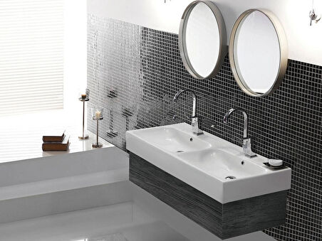 TURKUAZ Pinto Etajerli Lavabo  150x47 cm  (Çift Hazneli, Çift Batarya Delikli)