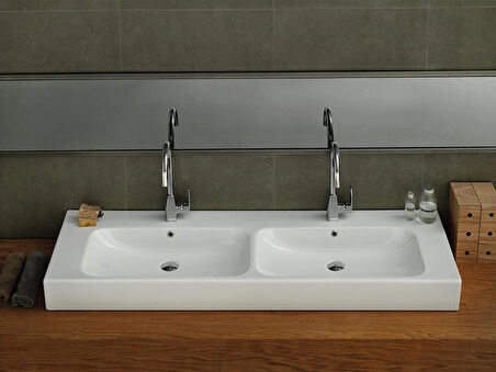 TURKUAZ Pinto Etajerli Lavabo  150x47 cm  (Çift Hazneli, Çift Batarya Delikli)