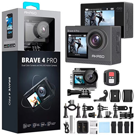 Akaso Brave 4 Pro Dual Screens 4K 30Fps Wi-Fi Aksiyon Kamera ve Aksesuar Seti (Akaso Türkiye 2 Yıl Garantili)