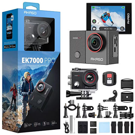 Akaso EK7000 Pro 4K/30 FPS 20MP Wi-Fi Aksiyon Kamera ve Aksesuar Seti, Su Geçirmez Kılıf, App Kontrollü
